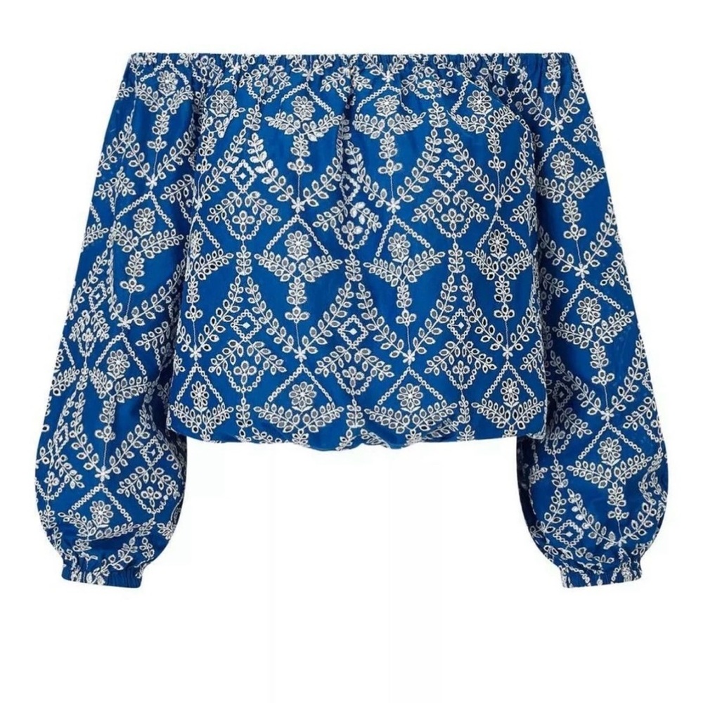 Blue Embroidered Bardot / Off-Shoulder eyelet Blouse
